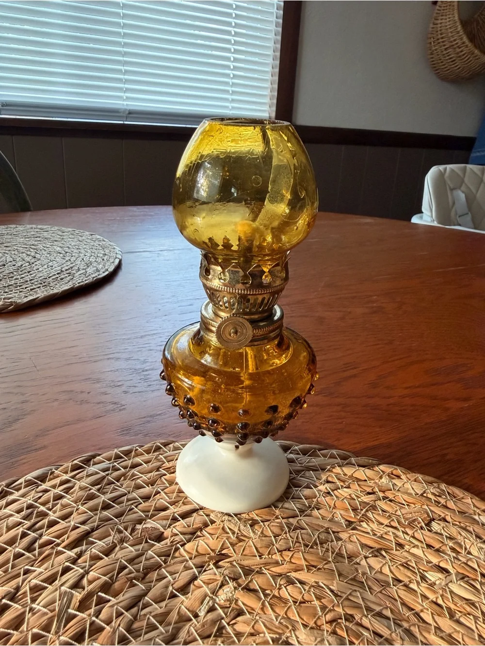 Amber Glass Hobnail Oil Lamp with White Base
